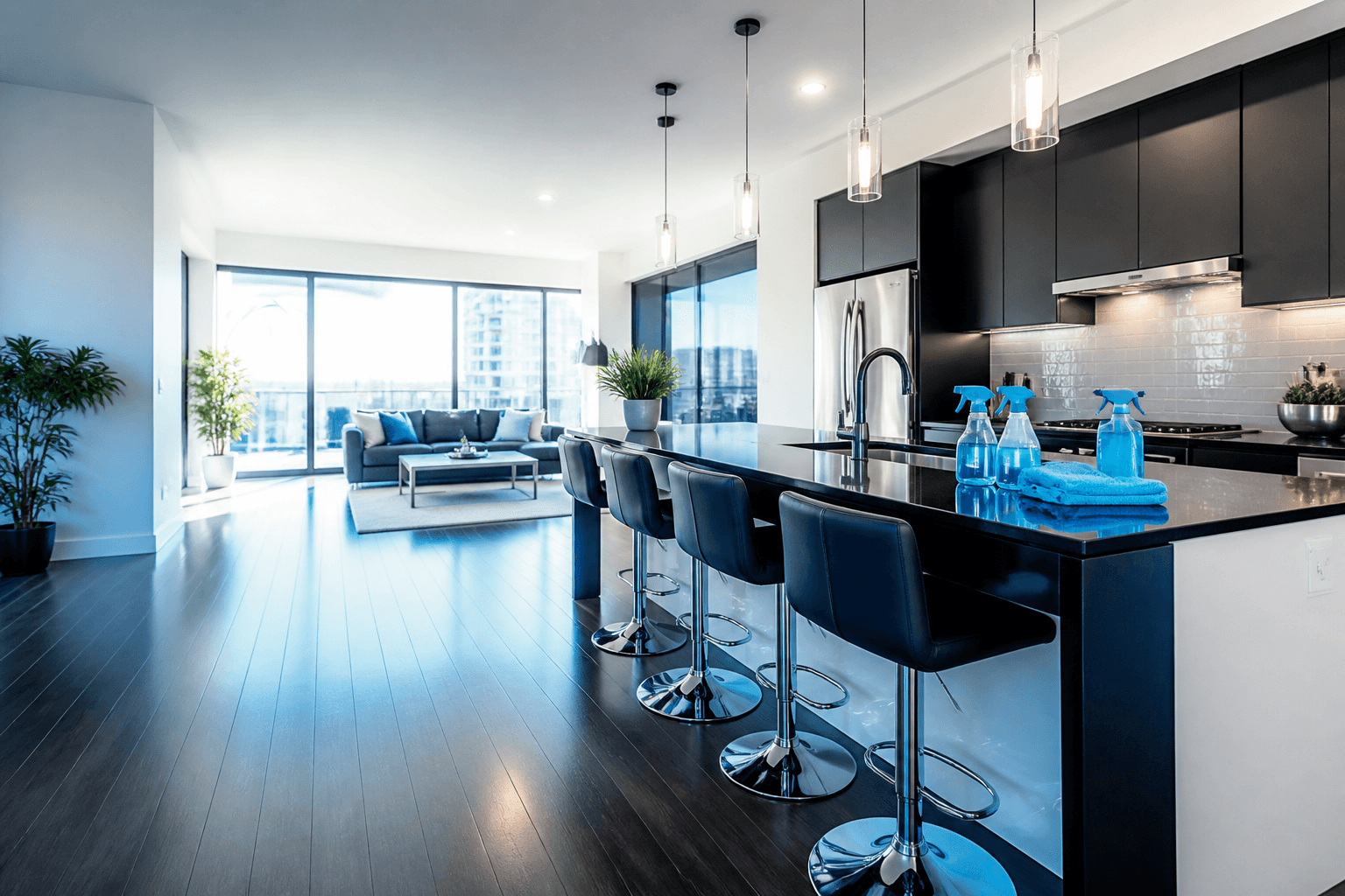 Cocina y sala impecables con productos de limpieza color azul cielo